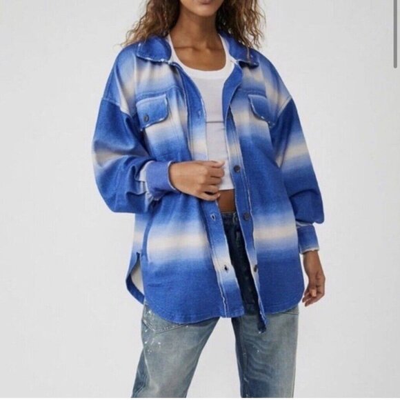 Free People‎ Fleece Printed Deep Sea Blue Combo Ruby Jacket L Size NWOT - Picture 1 of 12